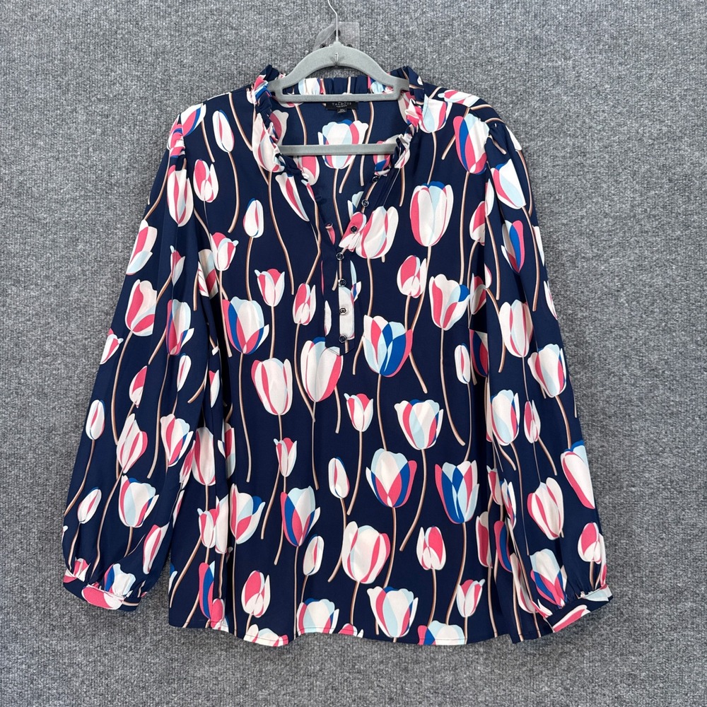 Talbots Blouse Womens 1X Petite Blue Tulip Print Ruffle Neck Floral Plus Size